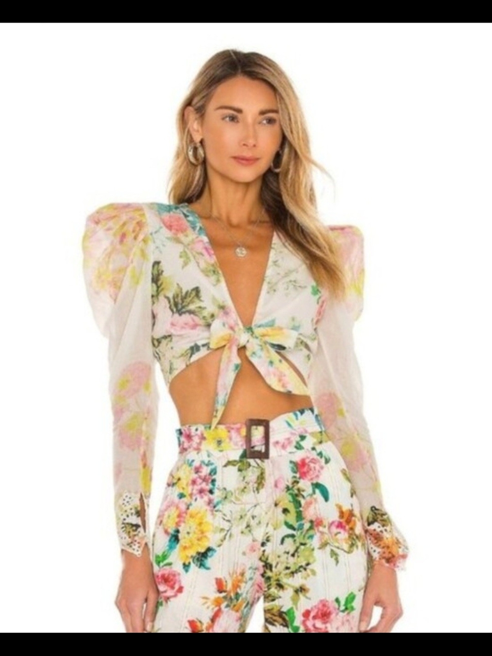 Floral Tie-Front Puff Sleeve Crop Top - Cream Floral